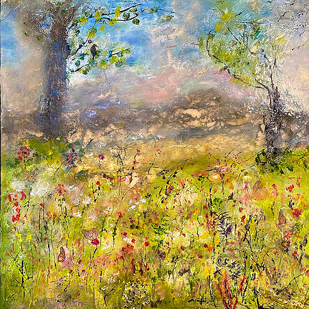 at home in a field of wild flowers 20x20